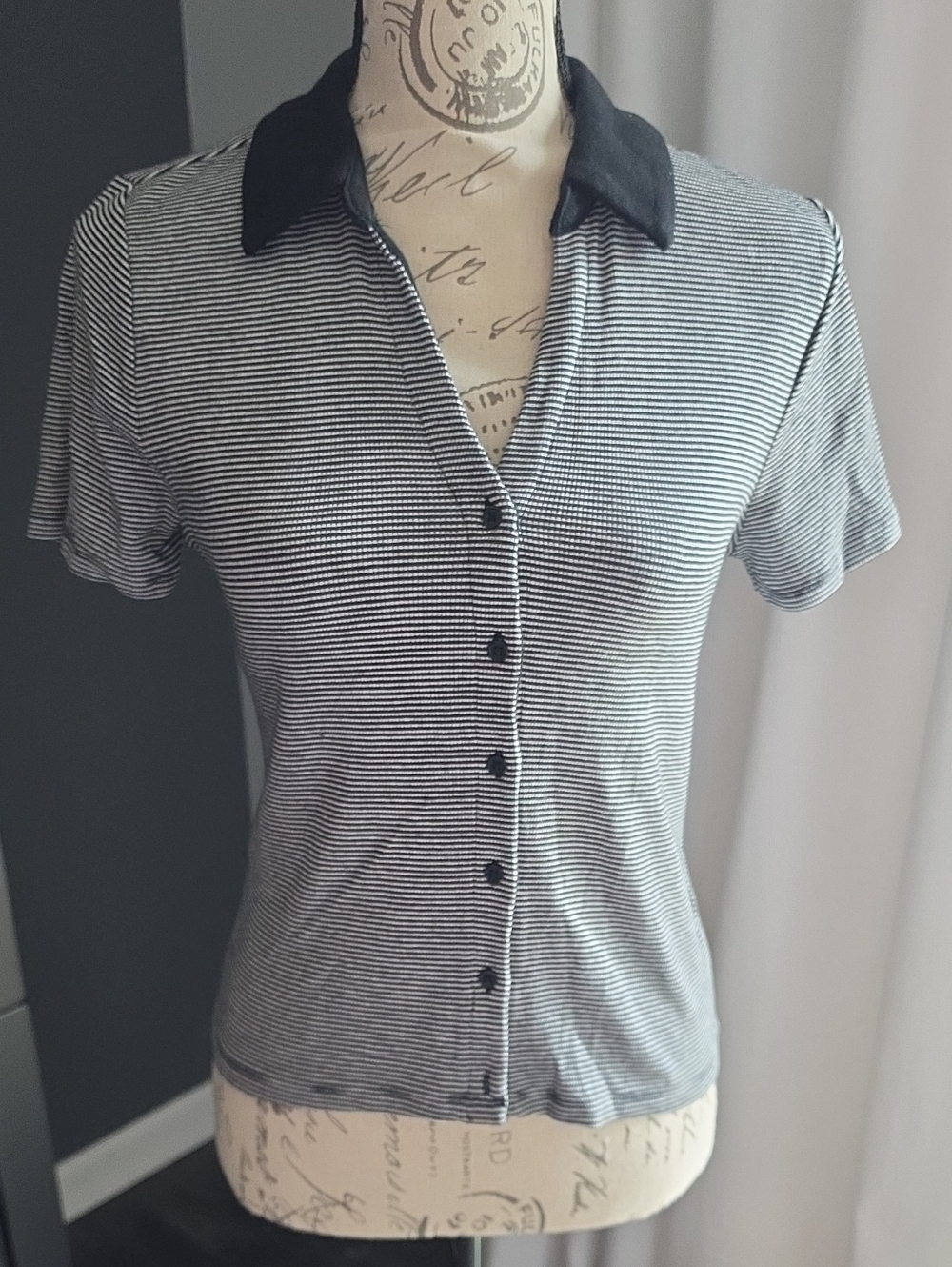 Striped Black & White Polo Button-Up Top